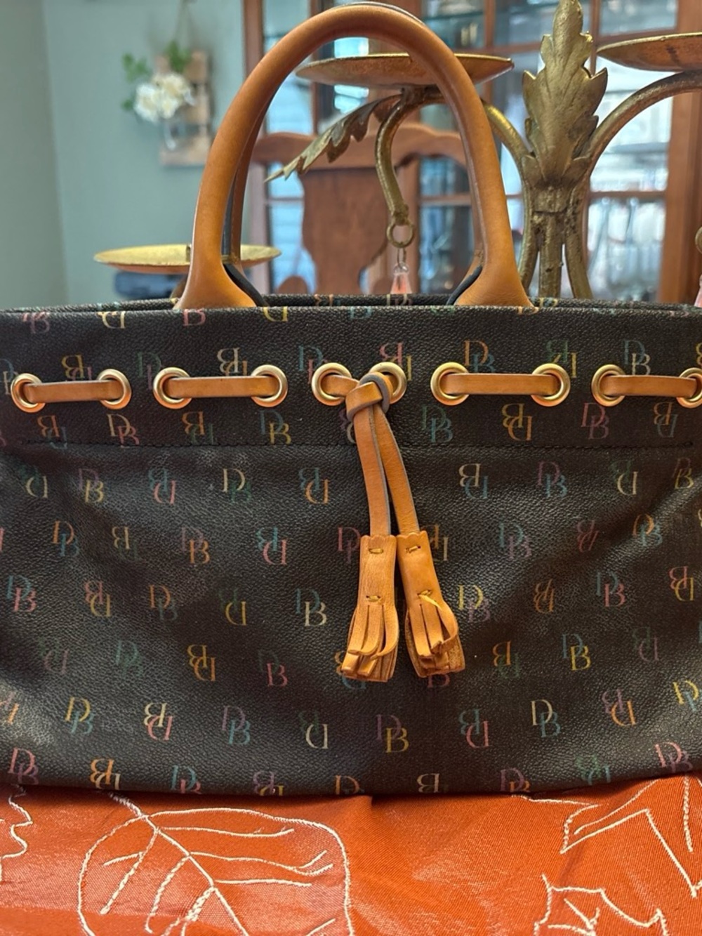 Dooney & Bourke Black Tote with Multicolor DB Monogram and Tan Trim